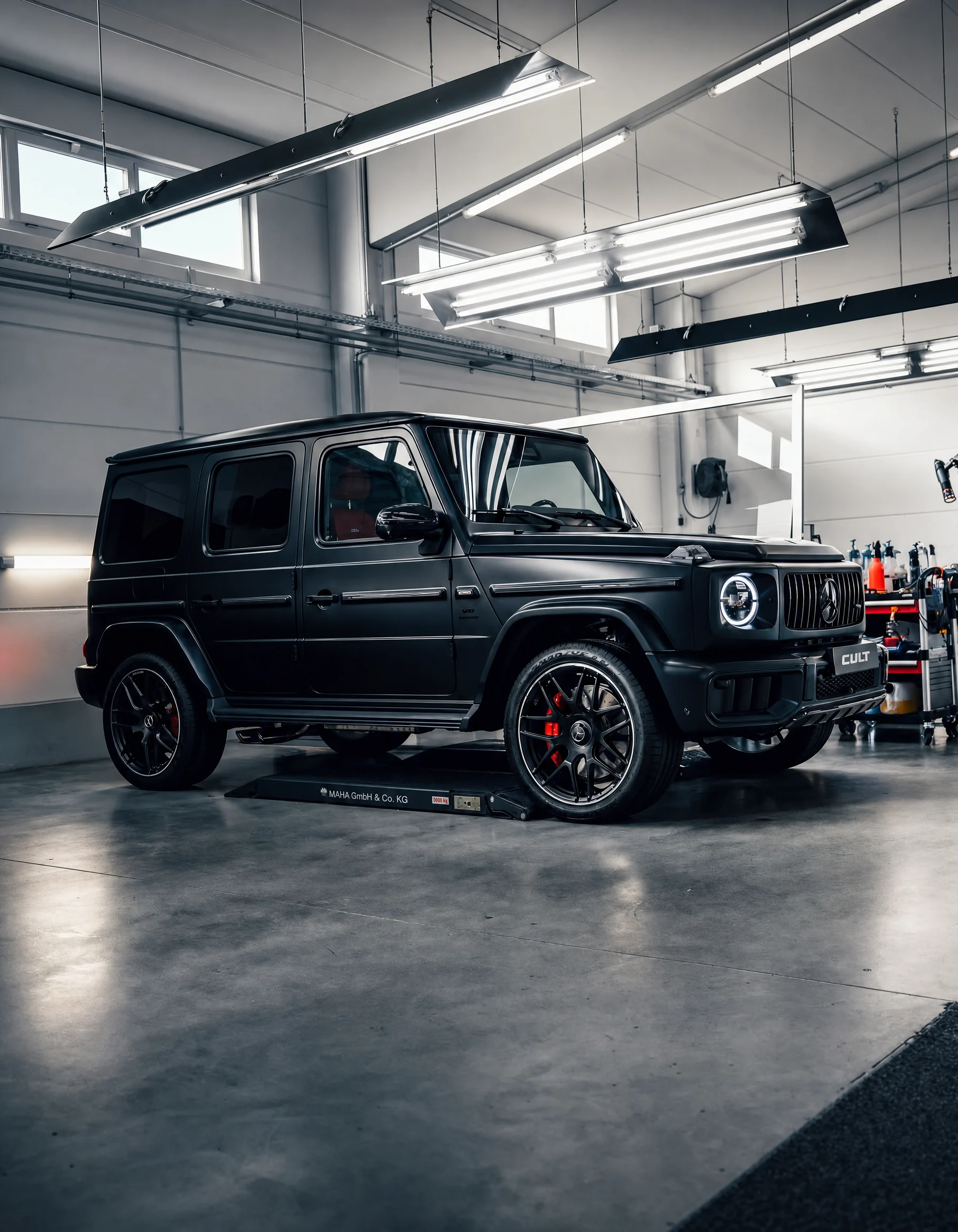 Matte black AMG G63 inside the CULT workshop after detailing and care
