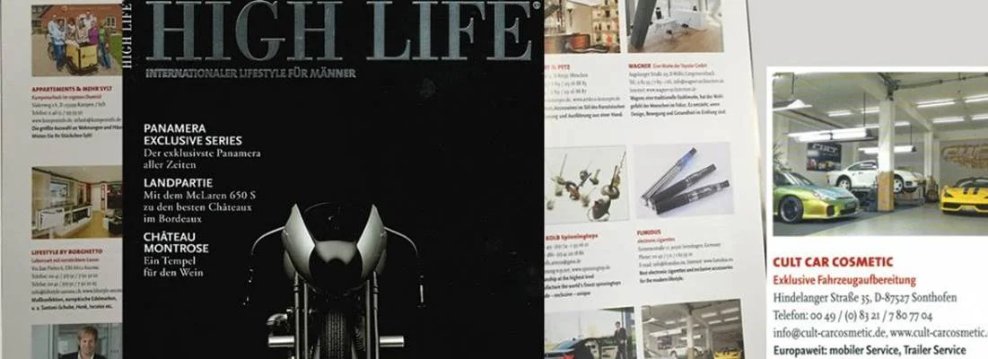 Eine High Life Magazin-Doppelseite über CULT Car