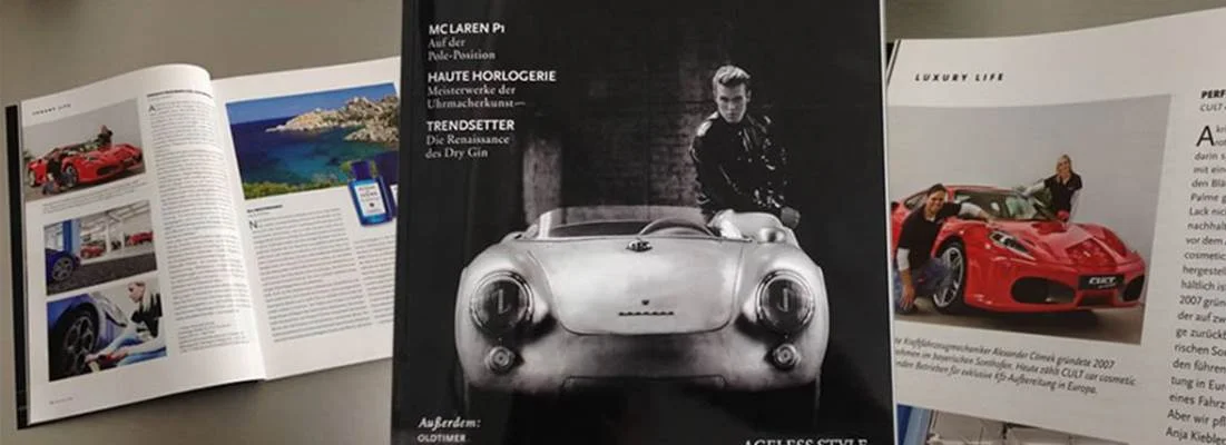 Eine Luxury Life Magazin-Doppelseite über CULT Car