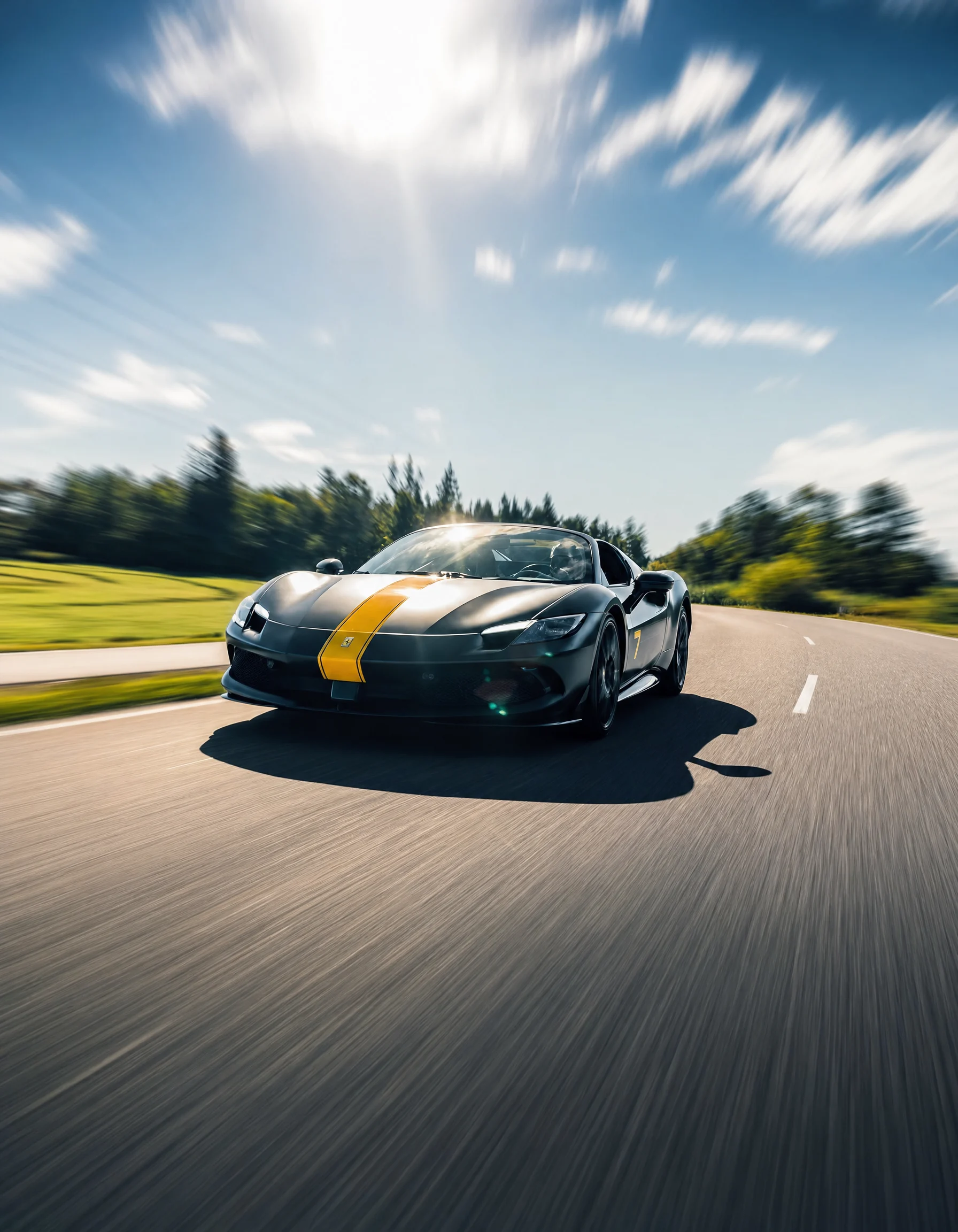 Matte black Ferrari 296 GTS with yellow CULT 7 livery driving on a road